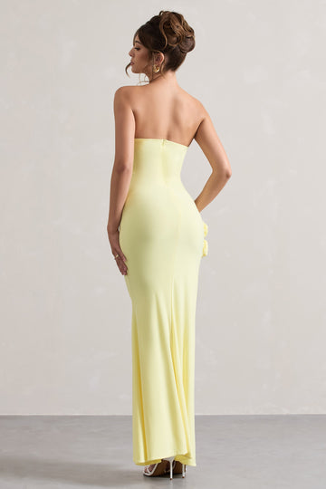 My Muse Yellow Ruched Bandeau Split Maxi Dress With Flowers